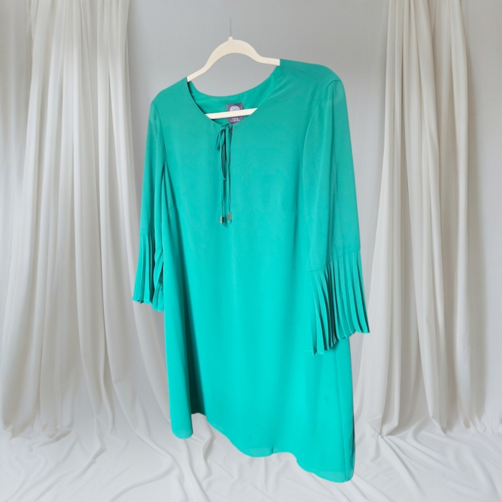 Vince Camuto Teal Tie-Neck Pleated-Sleeve Dress